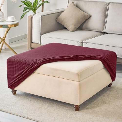 ANWUCHEN Thick Knitted Ottoman Cover - Soft Velvet Stool Slipcover - Elastic Fit Medium Red