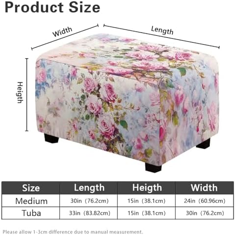 Pink Rose Rectangle Ottoman Slipcover 30x24x15 Inch