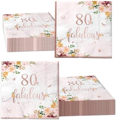 40 Pieces Rose Gold Floral Paper Napkins for 80th Birthday Party
