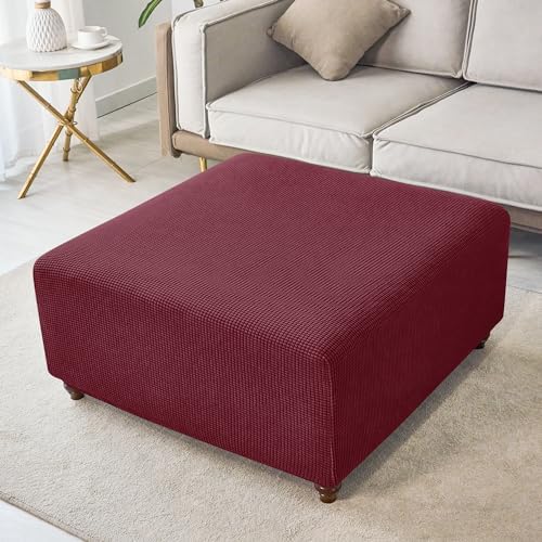 ANWUCHEN Thick Knitted Ottoman Cover - Soft Velvet Stool Slipcover - Elastic Fit Medium Red