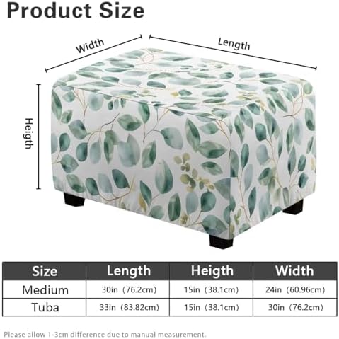 Zoutairong Rectangular Ottoman Slipcover Green Leaf Print Elastic Footstool Cover