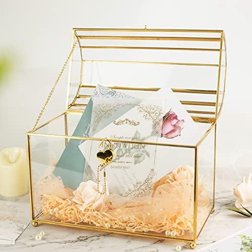 Gold Glass Card Box With Heart Lock And Slot