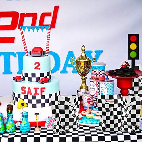BeYumi 50Pcs Race Car Checkered Treat Bags with Stickers