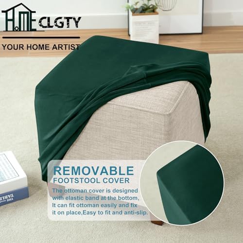 Velvet Stool Cover Slipcover for Ottoman - Dark Green Large Size