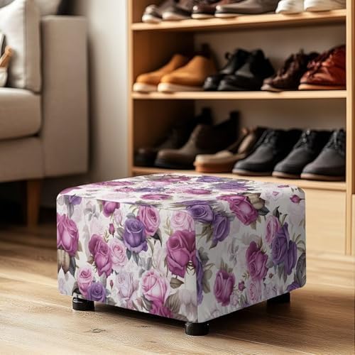 Purple Floral Stool Cover Non-Slip Ottoman Slipcover