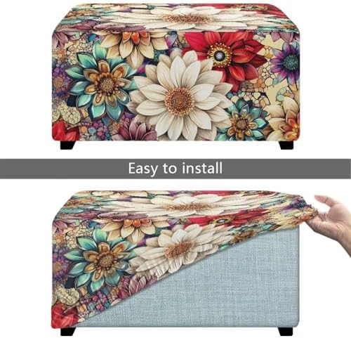 Boho Flower Print Stretch Ottoman Cover with Elastic Bottom