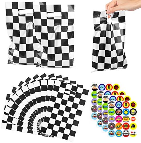 BeYumi 50Pcs Race Car Checkered Treat Bags with Stickers