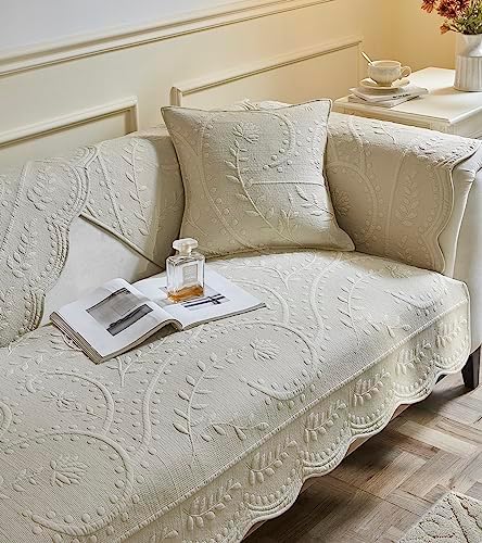 Vctops Cotton Quilted Sofa Cover with Floral Leaves Embroidery
