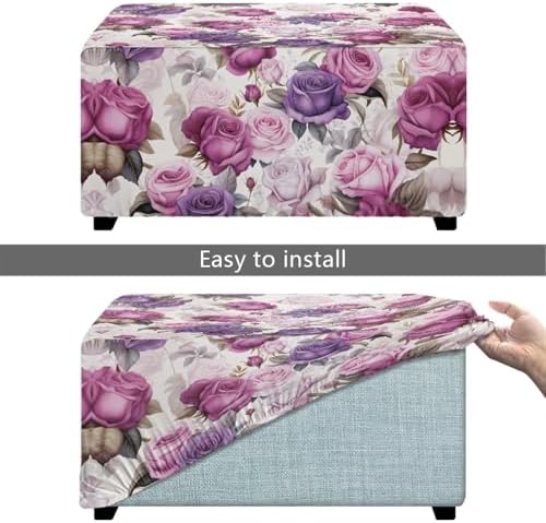 Purple Floral Stool Cover Non-Slip Ottoman Slipcover