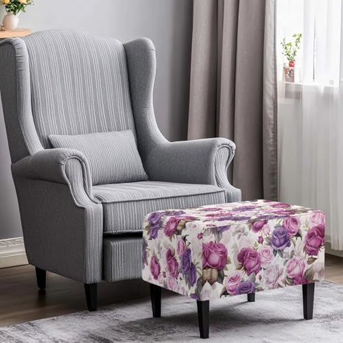 Purple Floral Stool Cover Non-Slip Ottoman Slipcover