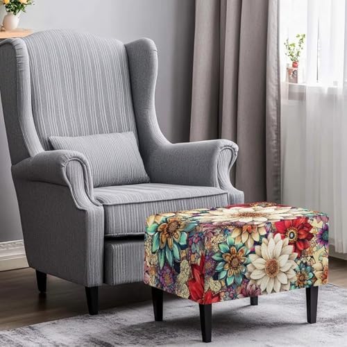Boho Flower Print Stretch Ottoman Cover with Elastic Bottom