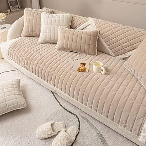 Vctops Velvet Plush Plaid Sofa Cover Non Slip Sectional Couch Protector