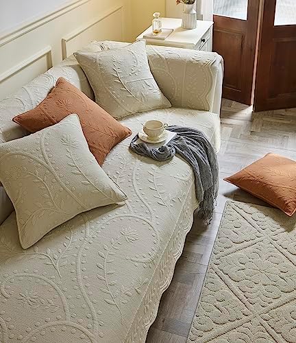 Vctops Cotton Quilted Sofa Cover with Floral Leaves Embroidery