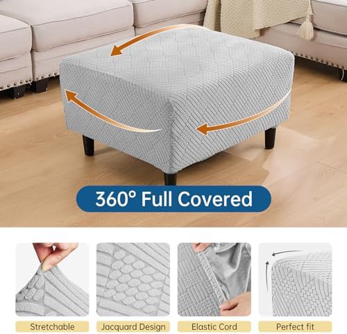 Deep Dream Rectangular Ottoman Slipcover Stretch Jacquard Nonslip Elastic Design Light Gray