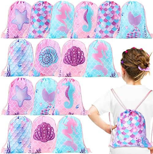 Clabby 16 Pcs Mermaid Drawstring Party Favor Bags