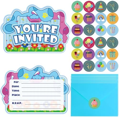 20Pcs Blue Dog Birthday Invitations with Stickers