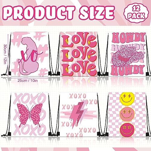 Paterr 12 Pcs Preppy Pink Party Favor Bags Drawstring Backpacks