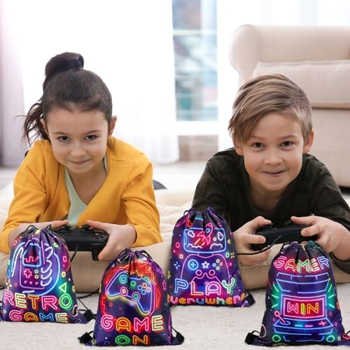 Huhumy 16 Pcs Neon Video Game Drawstring Bags for Parties