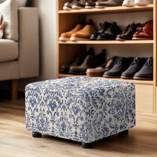 Ottoman Cover Rectangular Blue Floral Stool Cover