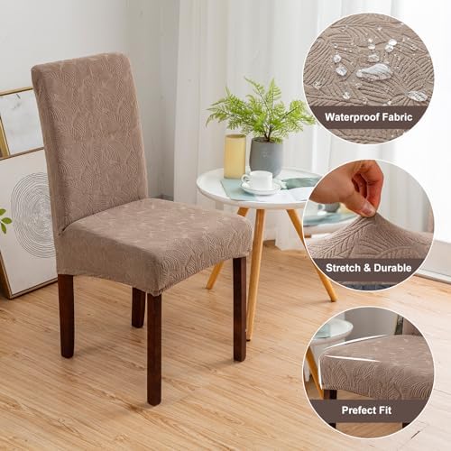 Genina Waterproof Dining Chair Covers Set of 4 Leaf Pattern Taupe