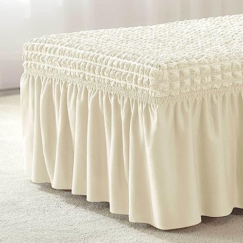 NIDITW Stretch Beige Seersucker Ottoman Cover with Skirt
