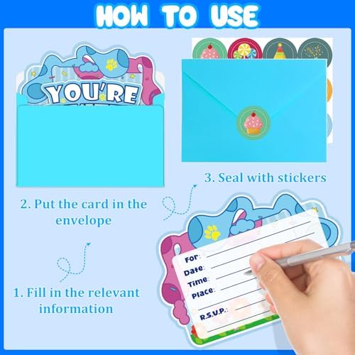 20Pcs Blue Dog Birthday Invitations with Stickers