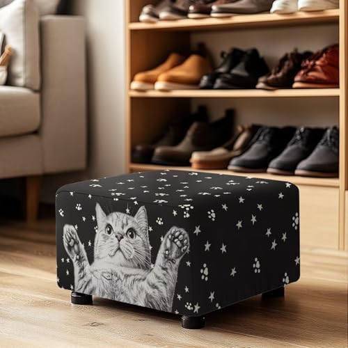 Funny Cat Ottoman Cover Rectangular Non-Slip Footstool Slipcover