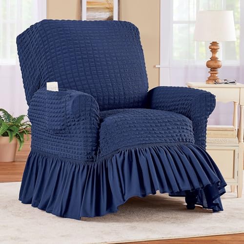 Collections Etc Textured Squares Ruffled Slipcover Navy Recliner 1