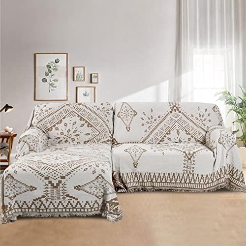 HVERSAILTEX Reversible Sofa Cover with Tassels XX-Large 91x134 Sand White