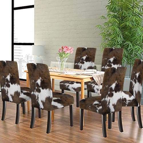 TOMWISH Dining Chair Covers Set of 6 Cowhide Print Spandex Slipcovers