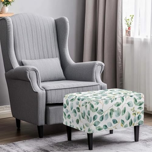 Zoutairong Rectangular Ottoman Slipcover Green Leaf Print Elastic Footstool Cover