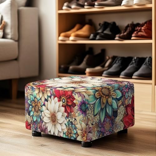 Boho Flower Print Stretch Ottoman Cover with Elastic Bottom