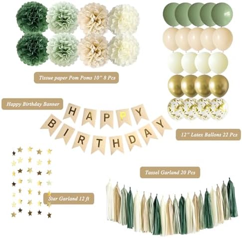 ANSOMO Birthday Banner Decorations Green Neutral