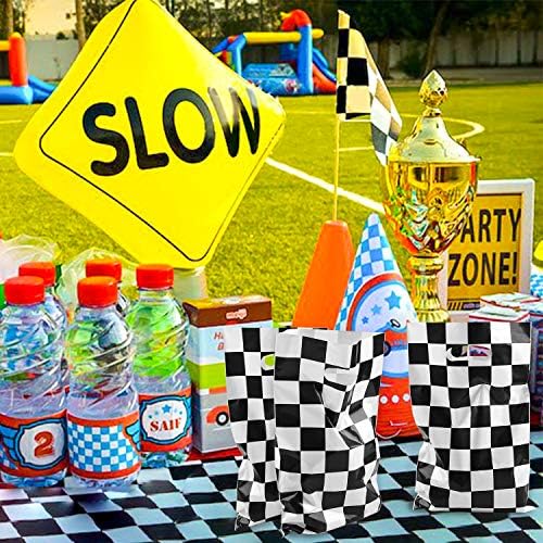 BeYumi 50Pcs Race Car Checkered Treat Bags with Stickers