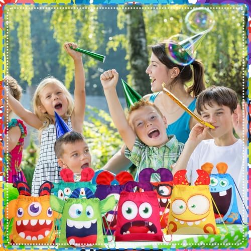Hillban 16 Pcs Monster Drawstring Bags for Kids Party Favors