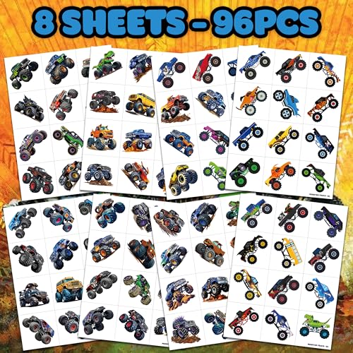96 PCS Monster Truck Racing Car Temporary Tattoos for Kids