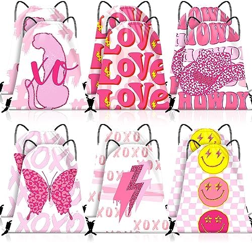 Paterr 12 Pcs Preppy Pink Party Favor Bags Drawstring Backpacks