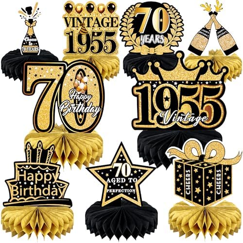 9 Pcs 70th Birthday Black and Gold Centerpieces