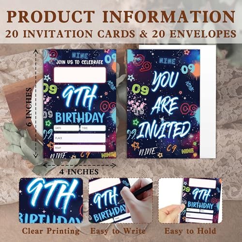 Blue Ninth Birthday Invitations with Envelopes