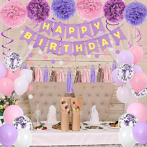 Purple Pink Birthday Decorations Set for Women Girls