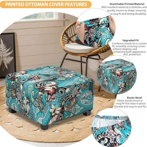Peacock Blue Stretch Ottoman Cover for Medium Size