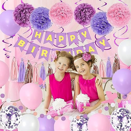 Purple Pink Birthday Decorations Set for Women Girls