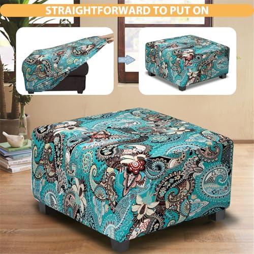 Peacock Blue Stretch Ottoman Cover for Medium Size
