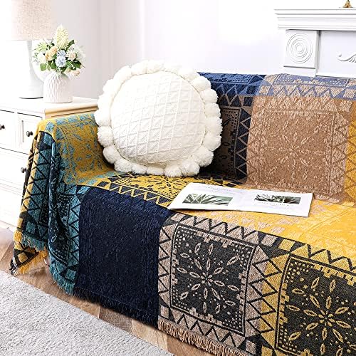 Turquoize Boho Sofa Cover Cotton Chenille Decor