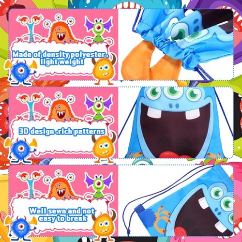 Hillban 16 Pcs Monster Drawstring Bags for Kids Party Favors