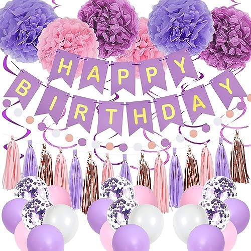 Purple Pink Birthday Decorations Set for Women Girls