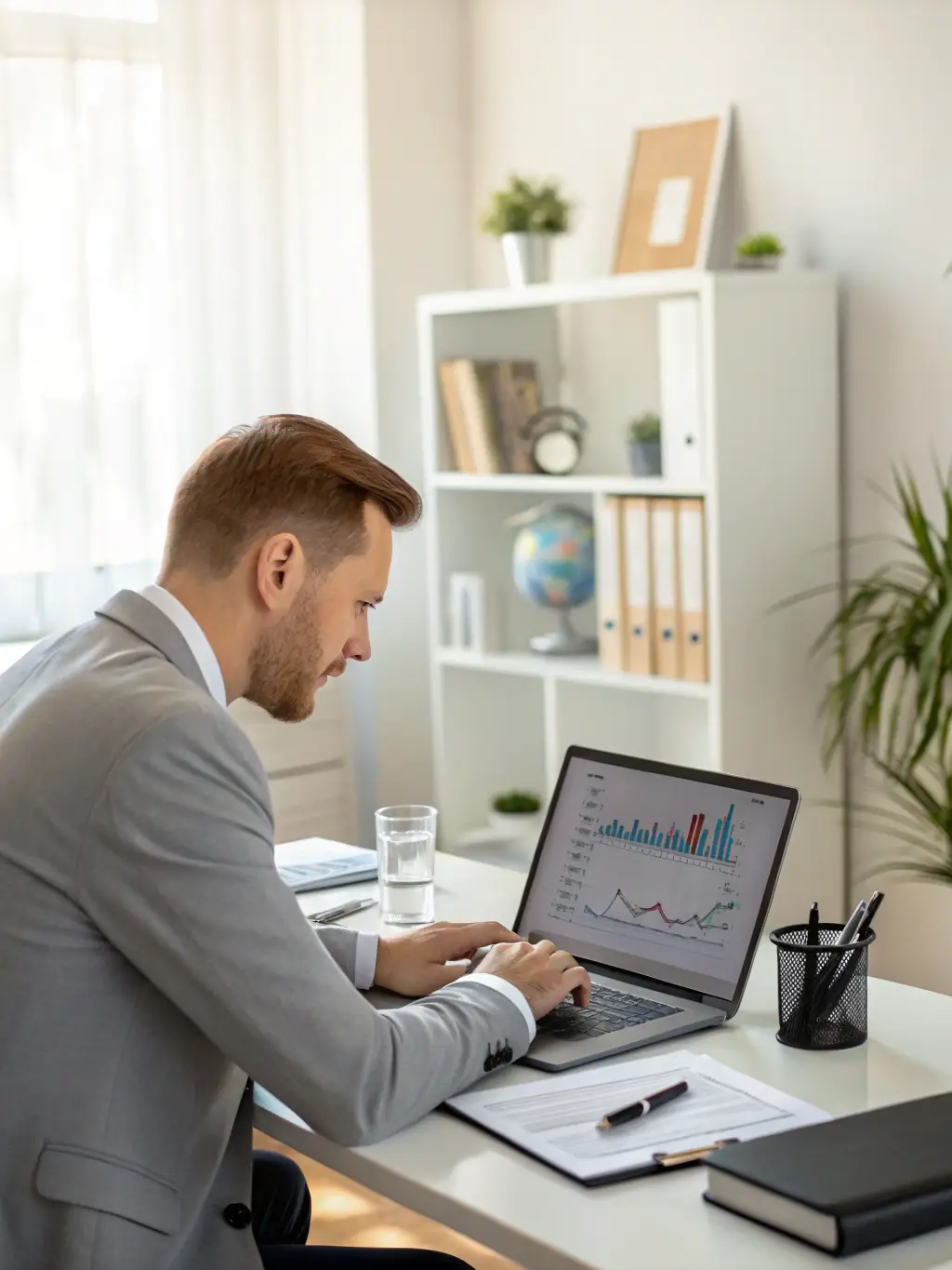 A consultant in a modern office setting, analyzing data on a laptop with charts and graphs displayed on a large monitor in the background, representing data-driven consulting.
