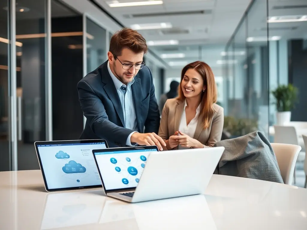 An image depicting a consultant presenting a cloud migration strategy to a client, highlighting the benefits of cloud technology.