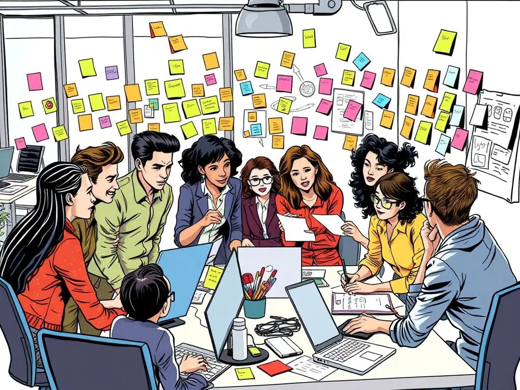 A dynamic image depicting a diverse team of FYRITECH LTD consultants brainstorming innovative solutions in a modern office setting. The image should convey collaboration, creativity, and a forward-thinking approach to problem-solving.