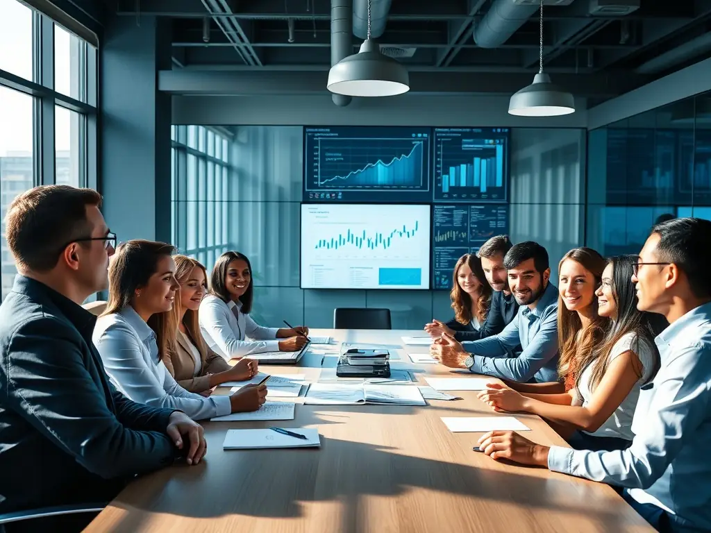 An image showcasing a team of consultants collaborating on a digital transformation strategy in a modern office setting, emphasizing teamwork and innovation.